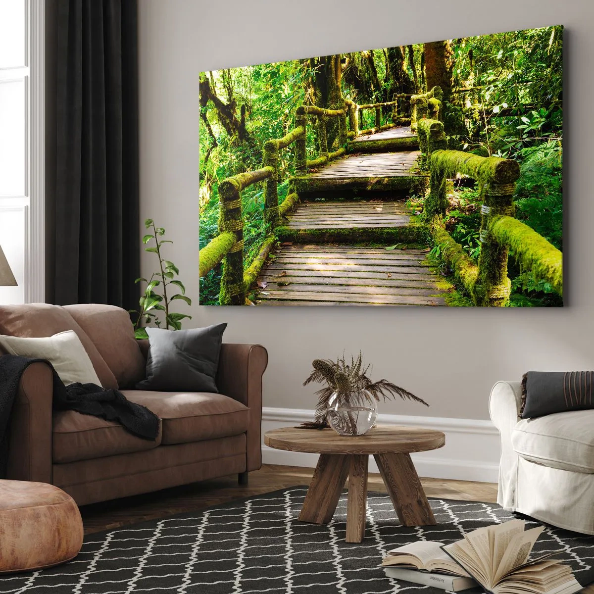 Bild auf Leinwand - Leinwandbild - Eine mit Moos bedeckte Holzbrücke in einem tropischen Regenwald - 70x50cm - Ein Korridor voller Grün - Moderne Wanddekoration für Wohnzimmer und Schlafzimmer ARTTOR