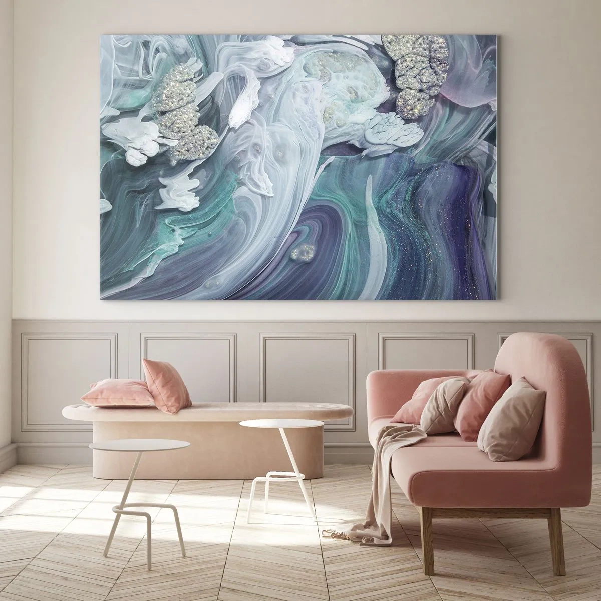 Glasbild - Bild auf glas - Eine abstrakte Komposition in Blau-, Lila- und Weißtönen. - 70x50cm - Strömungen von Himmelblau - Moderne Wanddekoration für Wohnzimmer und Schlafzimmer ARTTOR