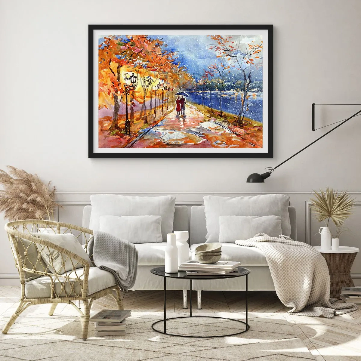 Poster in einem schwarzem Rahmen - Ein Herbstspaziergang im Park am Flussufer unter einem Regenschirm - 100x70cm - Gemeinsam bis an die Grenze der Zeit - Moderne Wanddekoration für Wohnzimmer und Schlafzimmer ARTTOR