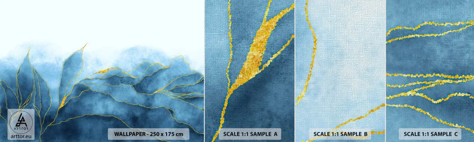 Fototapeten Muster Premium Canvas - Blau im Gold - Luxus, Glanz, Abstraktion - 100x30 cm