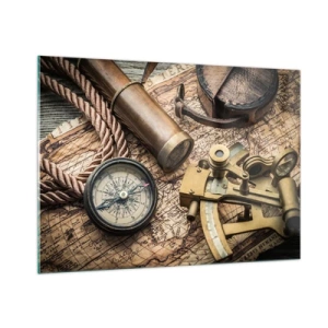 Glasbild - Bild auf glas - Kompass, Karte und Navigationshilfen im Retro-Stil - 100x70cm - Setze Sie einen Kurs - Moderne Wanddekoration für Wohnzimmer und Schlafzimmer ARTTOR