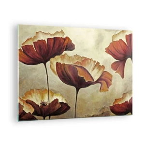 Glasbild - Bild auf glas - Mohnblumen in Rot- und Goldtönen auf hellem Hintergrund - 70x50cm - Weideland - Moderne Wanddekoration für Wohnzimmer und Schlafzimmer ARTTOR