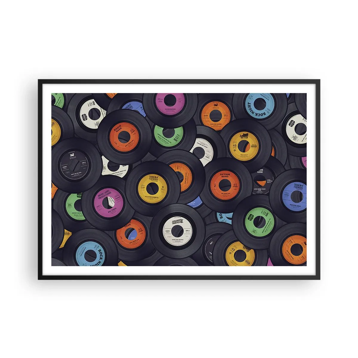 Poster in einem schwarzem Rahmen - Bunte Vinyls übereinander gestapelt - 100x70cm - Farben der Klassiker - Moderne Wanddekoration für Wohnzimmer und Schlafzimmer ARTTOR
