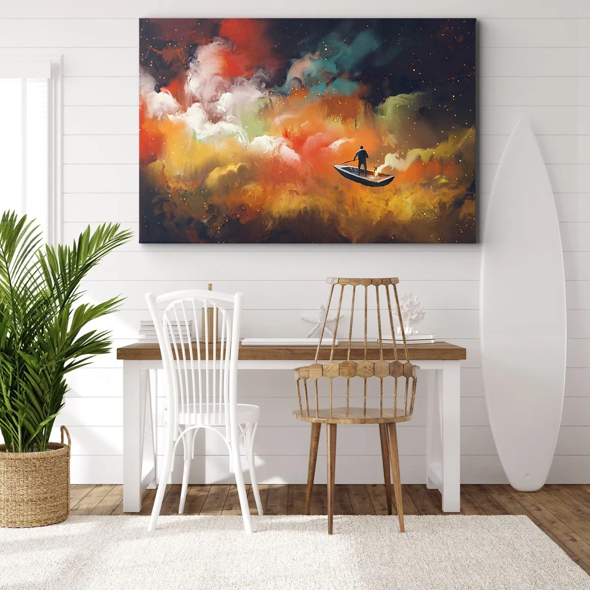 Bild auf Leinwand - Leinwandbild - Eine Figur in einem Boot vor einem Hintergrund aus bunten Wolken - 100x70cm - Mit dem Boot durch die Galaxie - Moderne Wanddekoration für Wohnzimmer und Schlafzimmer ARTTOR