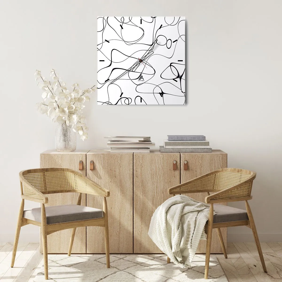 Wanduhr - Glasuhr - Abstrakte schwarze Linien auf weißem Hintergrund im minimalistischen Stil - 30x30cm - Lebenswege, Wechselfälle - Moderne Wanddekoration für Wohnzimmer und Schlafzimmer ARTTOR