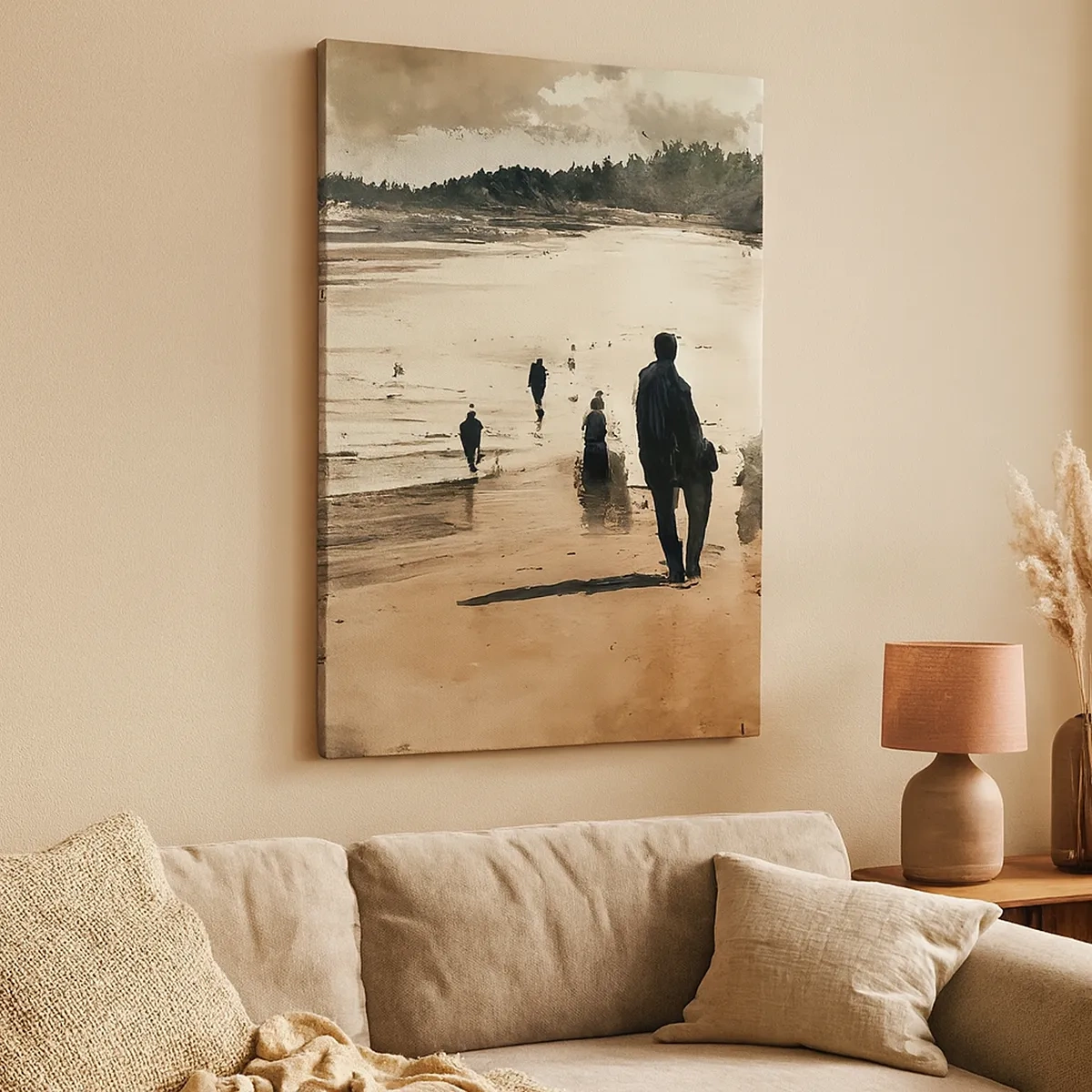 Bild auf Leinwand - Leinwandbild - Strandspaziergänger in friedlicher Landschaft - 50x70cm - Einberufen - Moderne Wanddekoration für Wohnzimmer und Schlafzimmer ARTTOR
