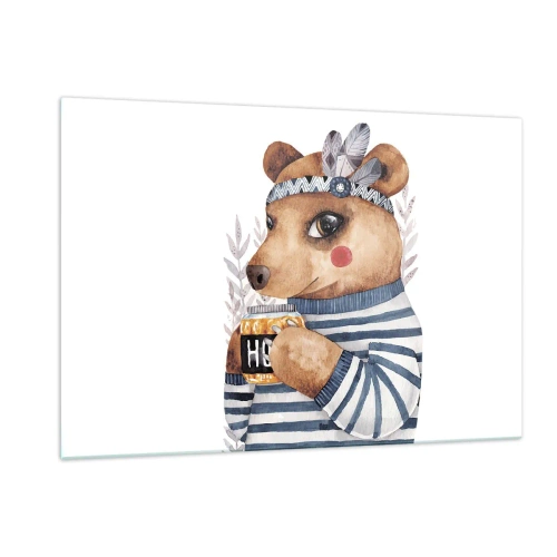 Glasbild - Bild auf glas - Ein gestreifter Teddybär mit einer Tasse Honig und Federn - 120x80cm - Süße Bärin - Moderne Wanddekoration für Wohnzimmer und Schlafzimmer ARTTOR