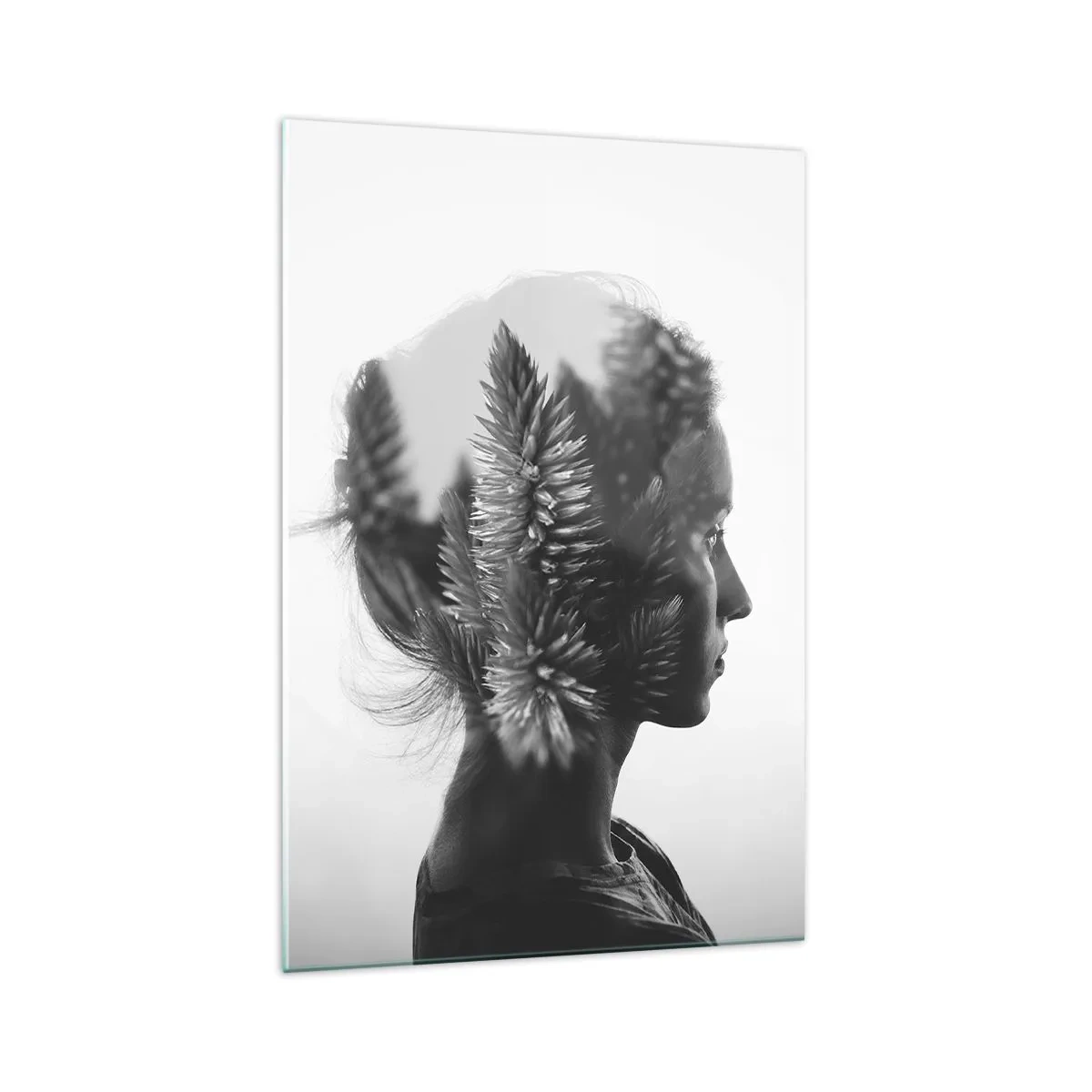 Glasbild - Bild auf glas - Ein subtiles Porträt mit Elementen der Natur - 70x100cm - Dame des Kiefernwaldes - Moderne Wanddekoration für Wohnzimmer und Schlafzimmer ARTTOR