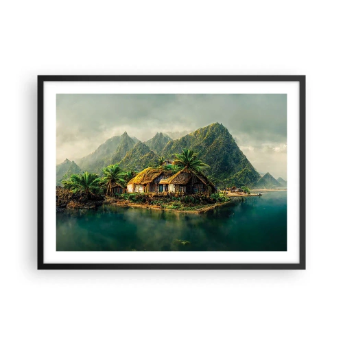 Poster in einem schwarzem Rahmen - Eine tropische Insel mit Palmen und Bergen im Hintergrund - 70x50cm - Tropisches Paradies - Moderne Wanddekoration für Wohnzimmer und Schlafzimmer ARTTOR