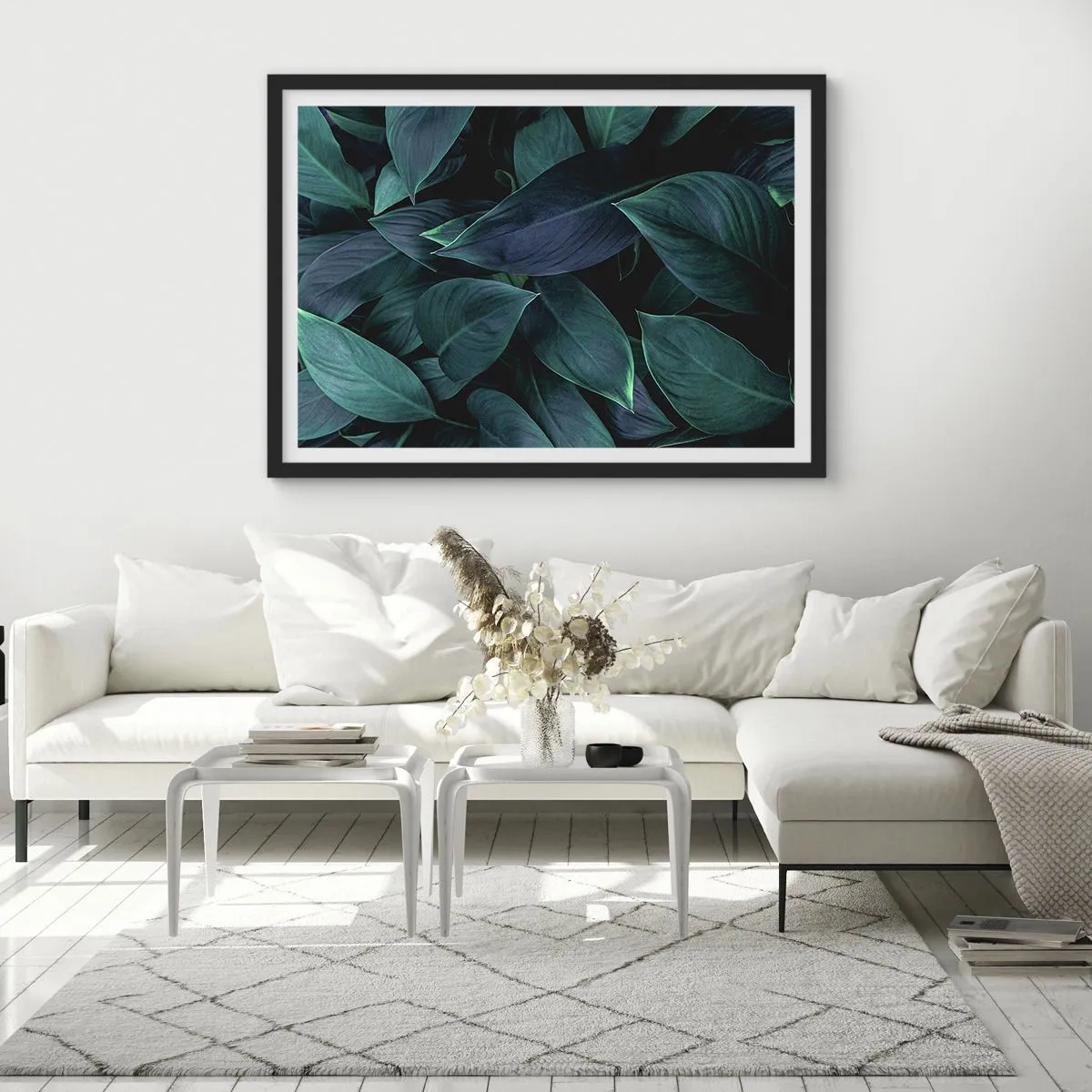 Poster in einem schwarzem Rahmen - Nahaufnahme von grünen Blättern mit dunklem Hintergrund - 70x50cm - Grün in sich selbst - Moderne Wanddekoration für Wohnzimmer und Schlafzimmer ARTTOR