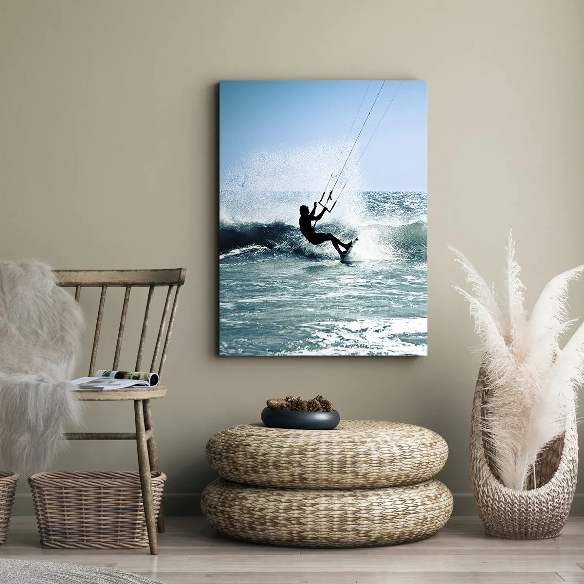Bild auf Leinwand - Leinwandbild - Kitesurfer reitet eine Welle in der vollen Sonne - 50x70cm - Hinreißen lassen - Moderne Wanddekoration für Wohnzimmer und Schlafzimmer ARTTOR