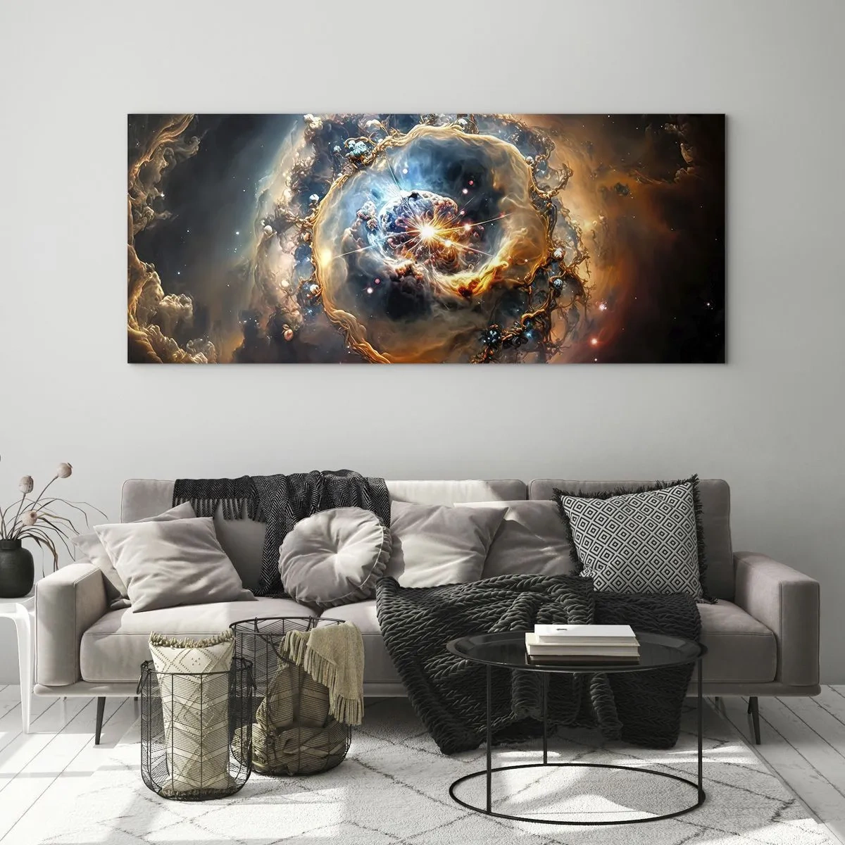 Glasbild - Bild auf glas - Eine abstrakte Vision einer kosmischen Explosion in Gold- und Blautönen. - 120x50cm - Anfang - Moderne Wanddekoration für Wohnzimmer und Schlafzimmer ARTTOR