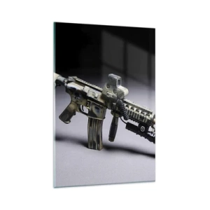 Glasbild - Bild auf glas - Moderne Waffe in Tarnfarbe auf dunklem Hintergrund - 80x120cm - Immer bedrohlich - Moderne Wanddekoration für Wohnzimmer und Schlafzimmer ARTTOR