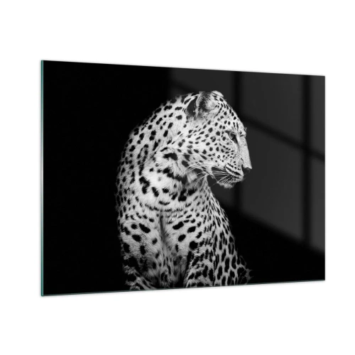 Glasbild - Bild auf glas - Ein Leopard in schwarz-weißem Licht vor einem Fenster - 100x70cm - Rechtes Profil perfekt! - Moderne Wanddekoration für Wohnzimmer und Schlafzimmer ARTTOR