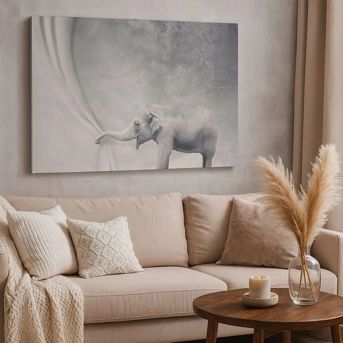 Bild auf Leinwand - Leinwandbild - Ein Elefant, der in einer surrealen Schwarzweißaufnahme den Vorhang zurückzieht - 70x50cm - Enthülle das Geheimnis - Moderne Wanddekoration für Wohnzimmer und Schlafzimmer ARTTOR
