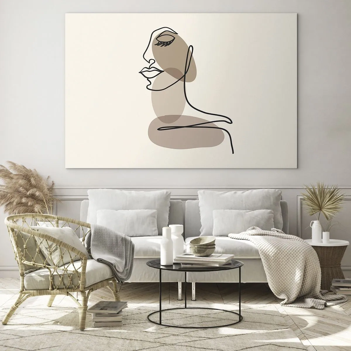 Glasbild - Bild auf glas - Porträt eines Frauengesichts im minimalistischen, abstrakten Stil - 120x80cm - Sich selbst zugehört - Moderne Wanddekoration für Wohnzimmer und Schlafzimmer ARTTOR