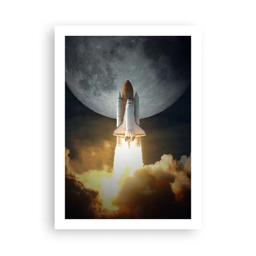 Poster - Space Shuttle-Start mit dem Mond im Hintergrund - 50x70cm - Beginn eines überirdischen Abenteuers - Moderne Wanddekoration für Wohnzimmer und Schlafzimmer ARTTOR