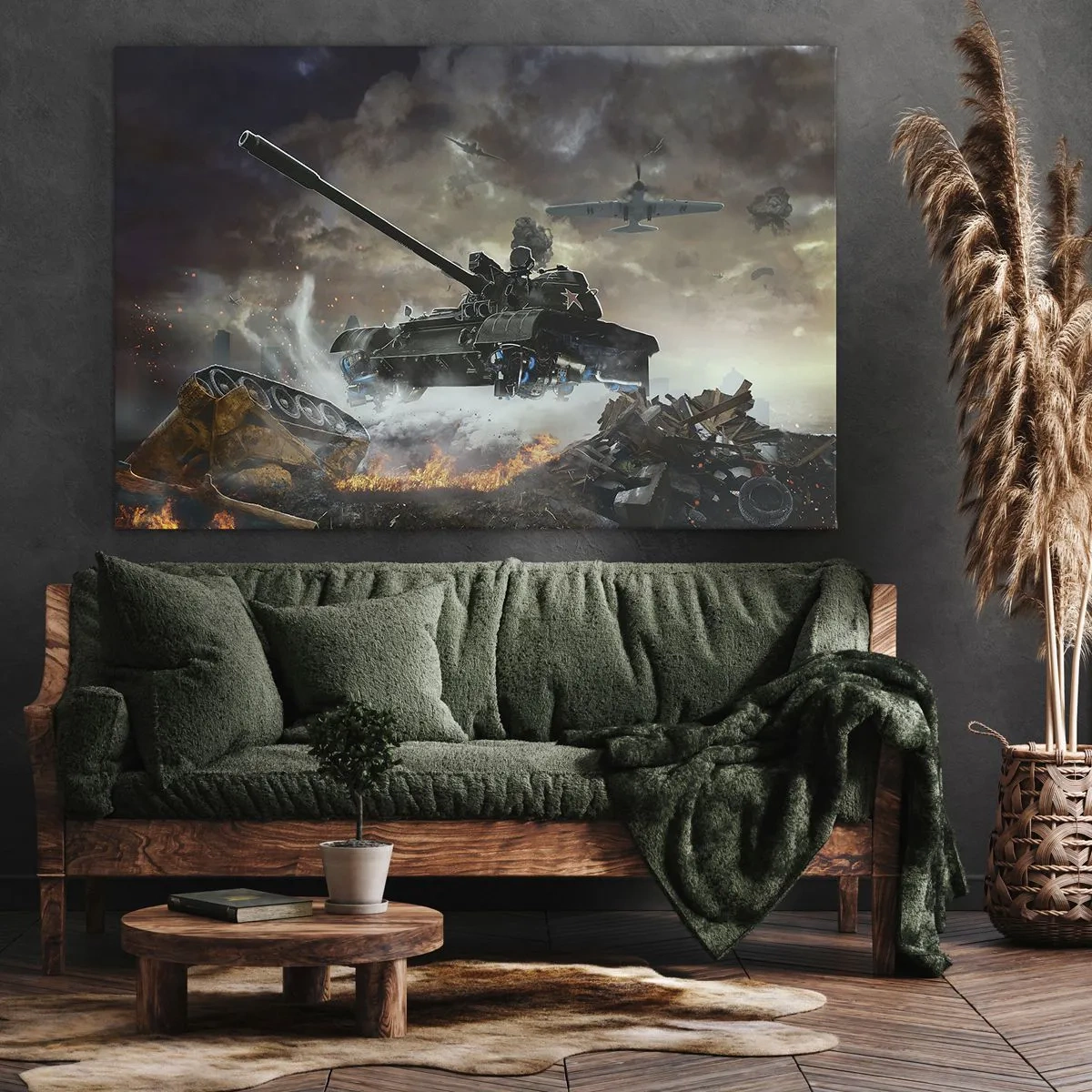 Bild auf Leinwand - Leinwandbild - Kampfszene mit Panzern und Flugzeugen im Hintergrund - 70x50cm - Der Kampf ist schrecklich und schön - Moderne Wanddekoration für Wohnzimmer und Schlafzimmer ARTTOR