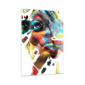 Glasbild - Bild auf glas - Portrait mit abstrakten, farbigen Akzenten im Gesicht - 50x70cm - Eine bunte Persönlichkeit - Moderne Wanddekoration für Wohnzimmer und Schlafzimmer ARTTOR