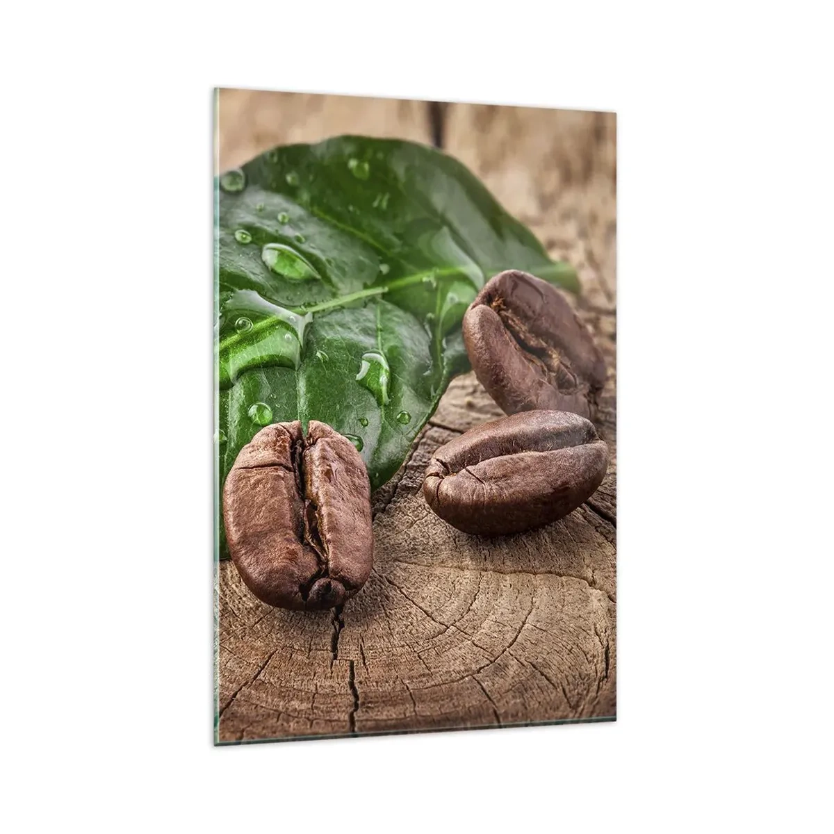 Glasbild - Bild auf glas - Kaffeebohnen und grünes Blatt auf einem hölzernen Hintergrund - 80x120cm - Der wahrste und schwarze - Moderne Wanddekoration für Wohnzimmer und Schlafzimmer ARTTOR
