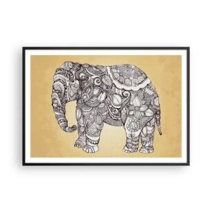 Poster in einem schwarzem Rahmen - Handgezeichneter Elefant mit kunstvollem Muster auf beigem Hintergrund - 100x70cm - Elefant verhüllte sich - Moderne Wanddekoration für Wohnzimmer und Schlafzimmer ARTTOR
