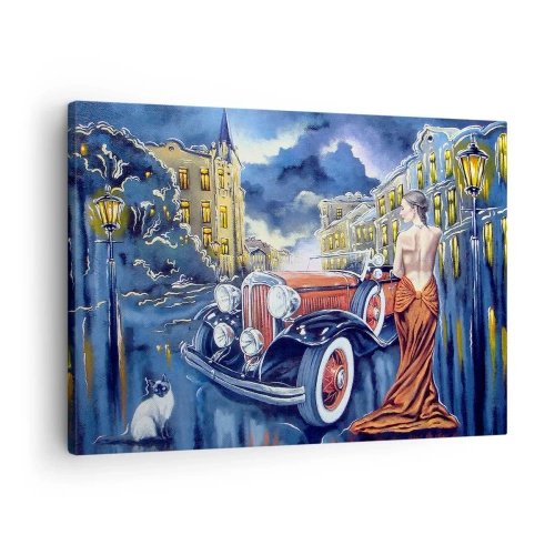 Bild auf Leinwand - Leinwandbild - Eine Frau in einem eleganten Kleid neben einem Retro-Auto in der Nacht - 70x50cm - Nocturne in Blau und Koralle - Moderne Wanddekoration für Wohnzimmer und Schlafzimmer ARTTOR