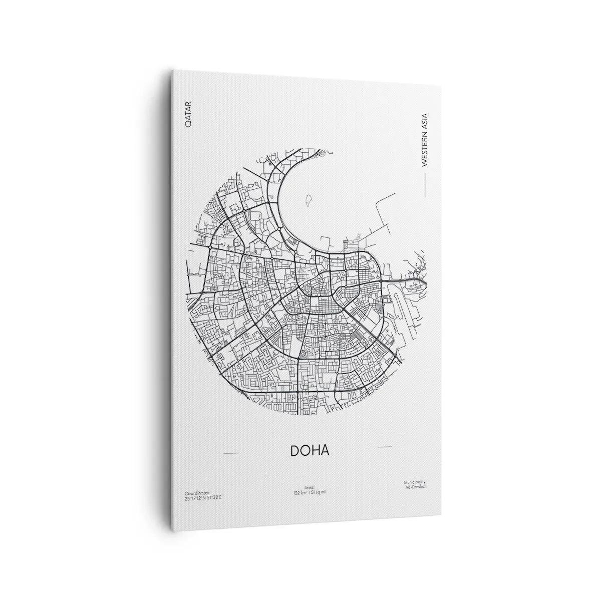 Bild auf Leinwand - Leinwandbild - Eine minimalistische Karte von Doha in Schwarzweiß mit präzisen Details. - 80x120cm - Anatomie von Doha - Moderne Wanddekoration für Wohnzimmer und Schlafzimmer ARTTOR