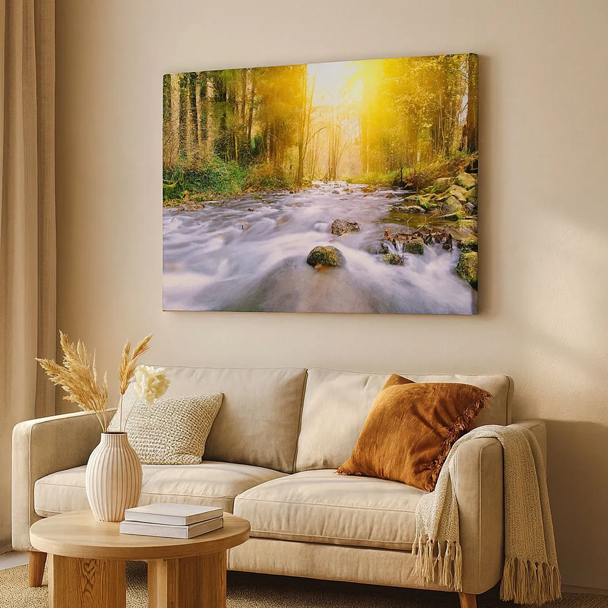 Bild auf Leinwand - Leinwandbild - Ein Waldbach, beleuchtet von den Sonnenstrahlen - 70x50cm - Malachit im Silber- und Goldrahmen - Moderne Wanddekoration für Wohnzimmer und Schlafzimmer ARTTOR