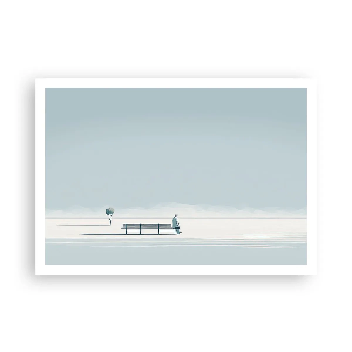 Poster - Eine Person, die auf einer Bank in einer minimalistischen Landschaft sitzt - 100x70cm - Ja, ich warte. - Moderne Wanddekoration für Wohnzimmer und Schlafzimmer ARTTOR