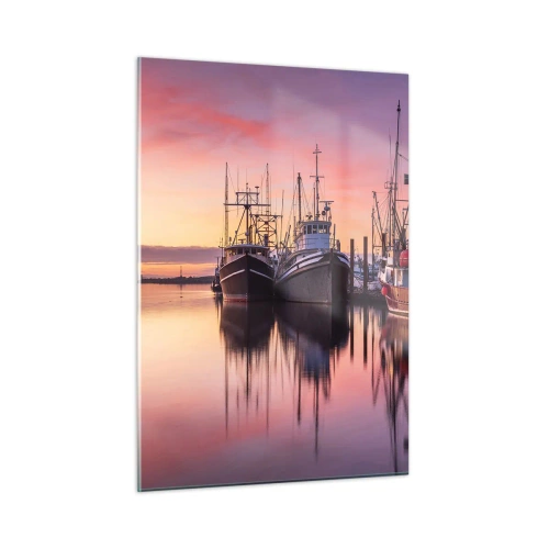 Glasbild - Bild auf glas - Fischerboote bei Sonnenuntergang in einem ruhigen Hafen - 50x70cm - Vor dem nächsten Tag - Moderne Wanddekoration für Wohnzimmer und Schlafzimmer ARTTOR