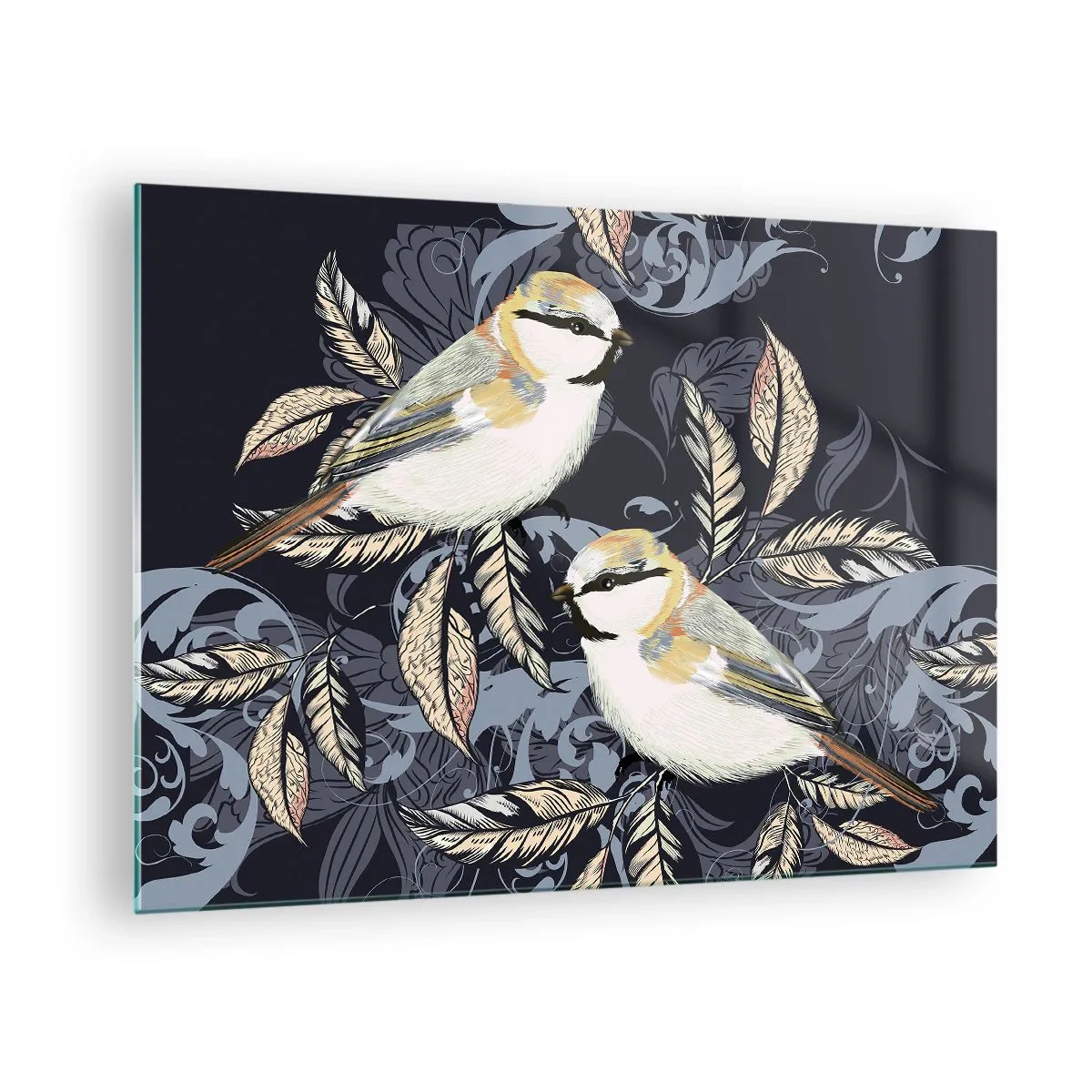 Glasbild - Bild auf glas - Illustration von zwei Vögeln auf dunklem Hintergrund mit Ornamenten - 70x50cm - Gelb-blauer Triller - Moderne Wanddekoration für Wohnzimmer und Schlafzimmer ARTTOR
