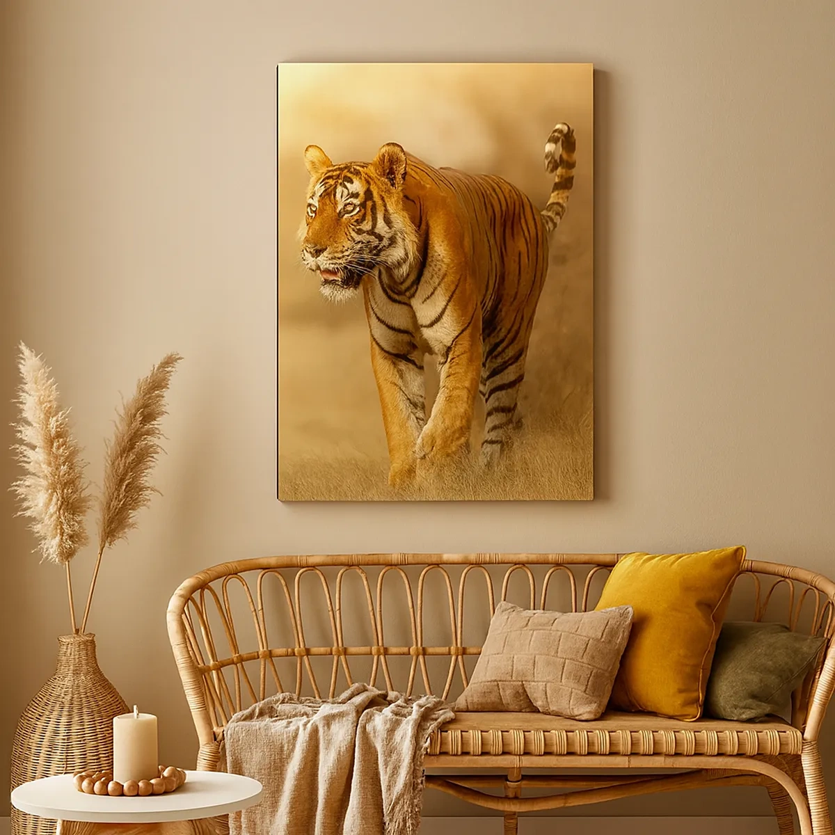 Bild auf Leinwand - Leinwandbild - Ein Tiger, der in warmen Farben durch die Savanne läuft - 50x70cm - Vor dem Angriff - Moderne Wanddekoration für Wohnzimmer und Schlafzimmer ARTTOR