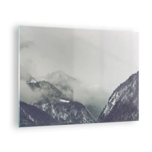 Glasbild - Bild auf glas - Ein Bergtal im Nebel in Grautönen - 70x50cm - Nebliges Tal - Moderne Wanddekoration für Wohnzimmer und Schlafzimmer ARTTOR