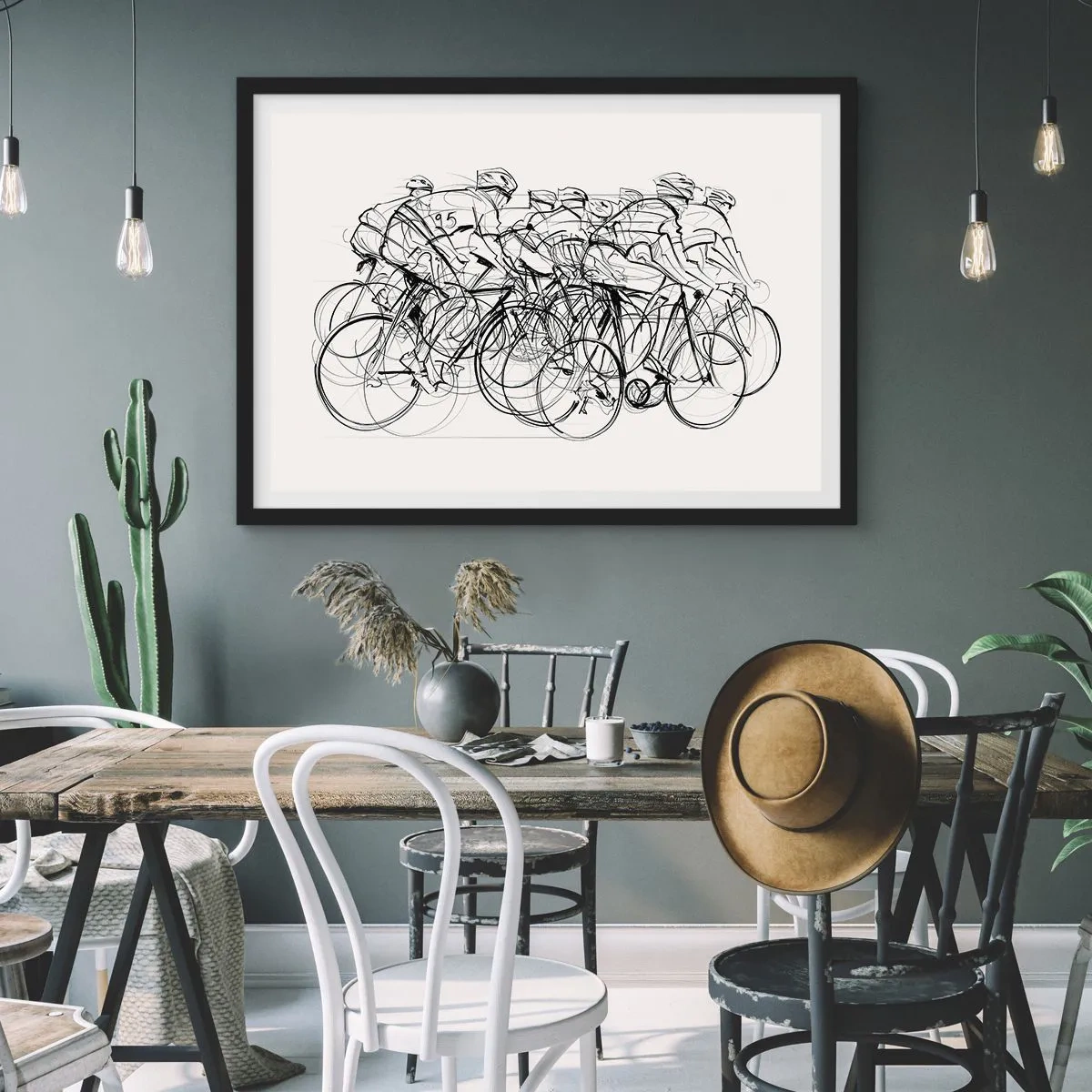 Poster in einem schwarzem Rahmen - Eine Gruppe von Radfahrern in Bewegung im minimalistischen Stil - 100x70cm - Gemeinsam als Team - Moderne Wanddekoration für Wohnzimmer und Schlafzimmer ARTTOR