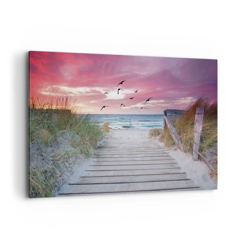 Bild auf Leinwand - Leinwandbild - Holzweg am Strand bei rosa Sonnenuntergang - 120x80cm - Baltischer Eindruck - Moderne Wanddekoration für Wohnzimmer und Schlafzimmer ARTTOR
