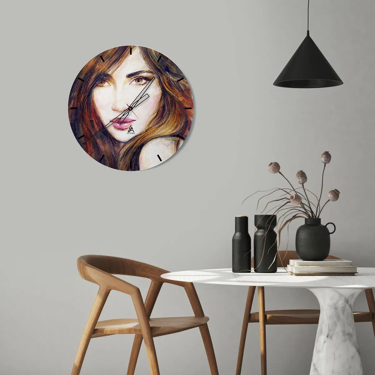 Wanduhr - Glasuhr - Porträt einer Frau im künstlerischen, malerischen Stil - 30x30cm - Einen Penny für deine Gedanken - Moderne Wanddekoration für Wohnzimmer, Küche und Schlafzimmer ARTTOR