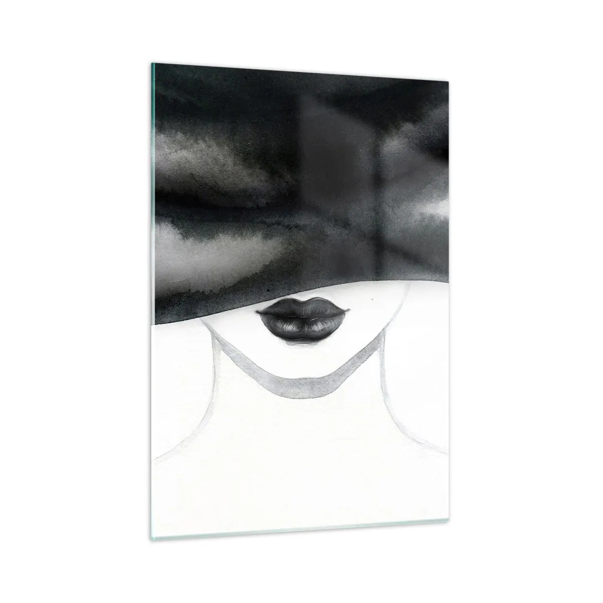 Glasbild - Bild auf glas - Geheimnisvolles Gesicht mit verdeckten Augen in Schwarz-Weiß-Aquarell - 50x70cm - Ein sinnliches Geheimnis - Moderne Wanddekoration für Wohnzimmer und Schlafzimmer ARTTOR