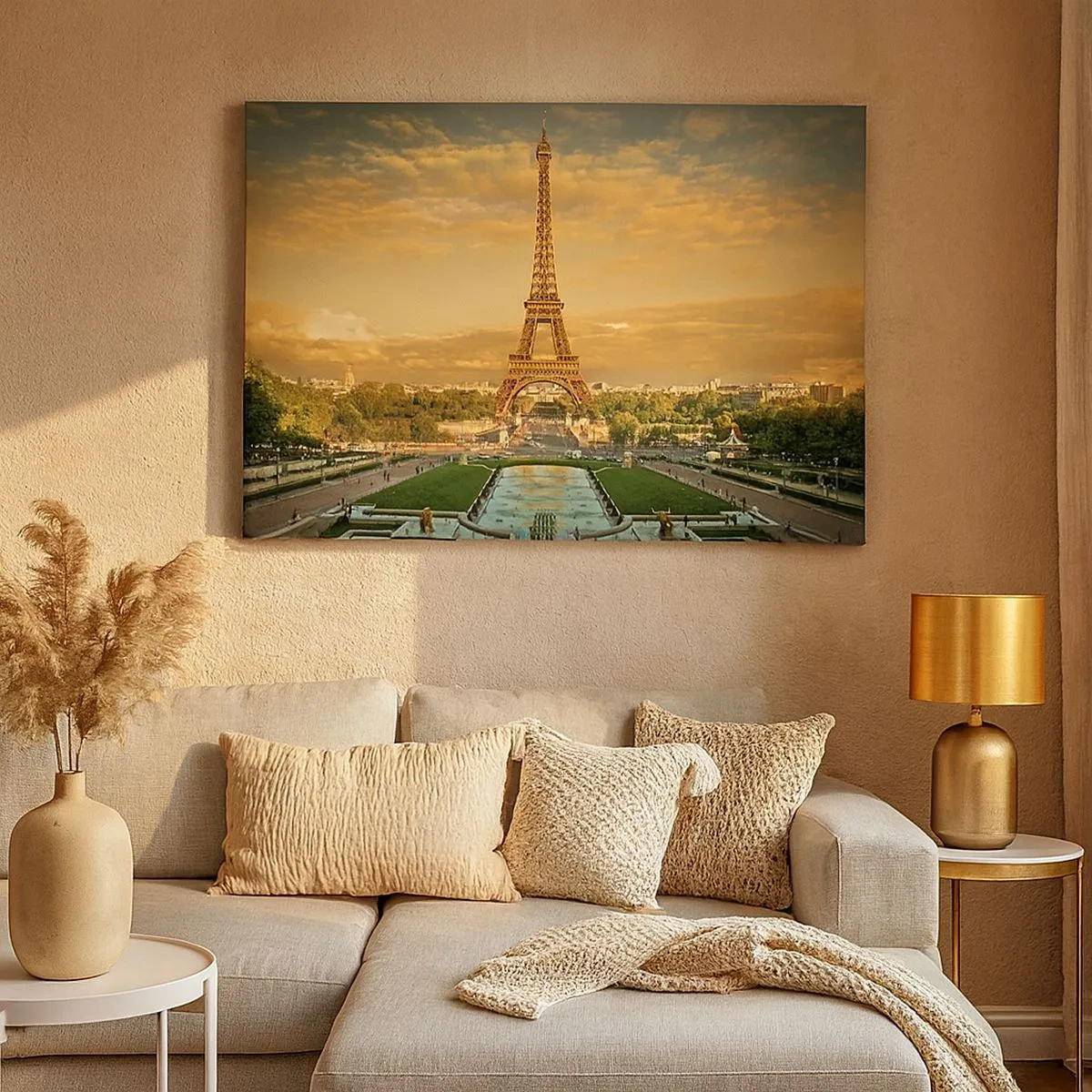 Bild auf Leinwand - Leinwandbild - Der Eiffelturm in Paris bei Sonnenuntergang - 70x50cm - Königin von Paris - Moderne Wanddekoration für Wohnzimmer und Schlafzimmer ARTTOR