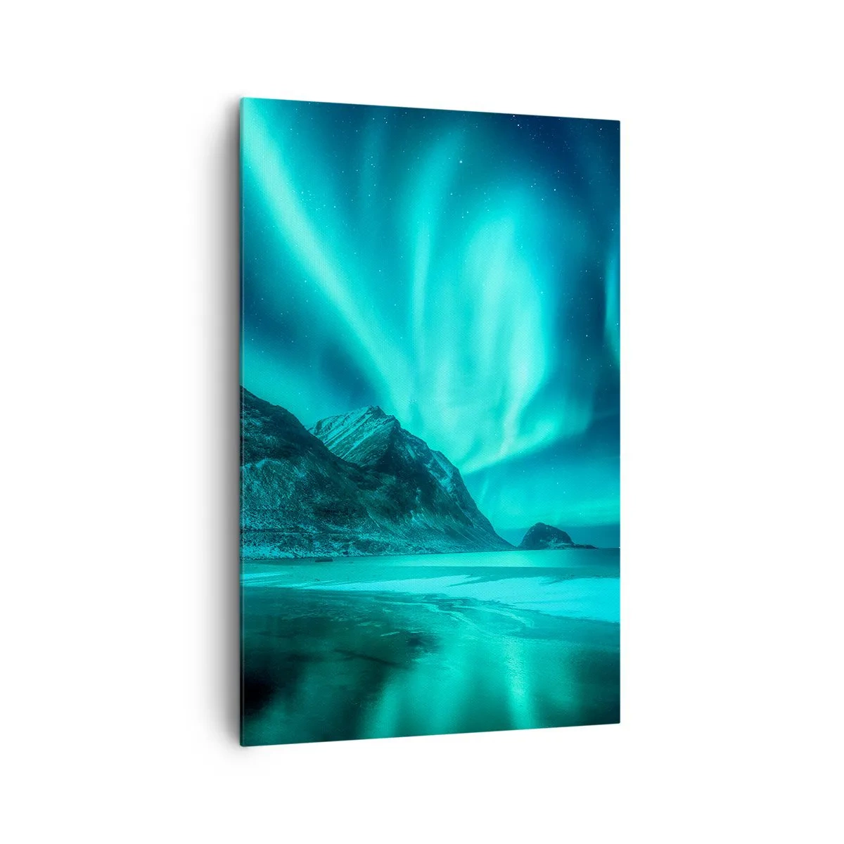 Bild auf Leinwand - Leinwandbild - Aurora Borealis über einer bergigen Winterlandschaft - 80x120cm - Wunder des Nordens - Moderne Wanddekoration für Wohnzimmer und Schlafzimmer ARTTOR