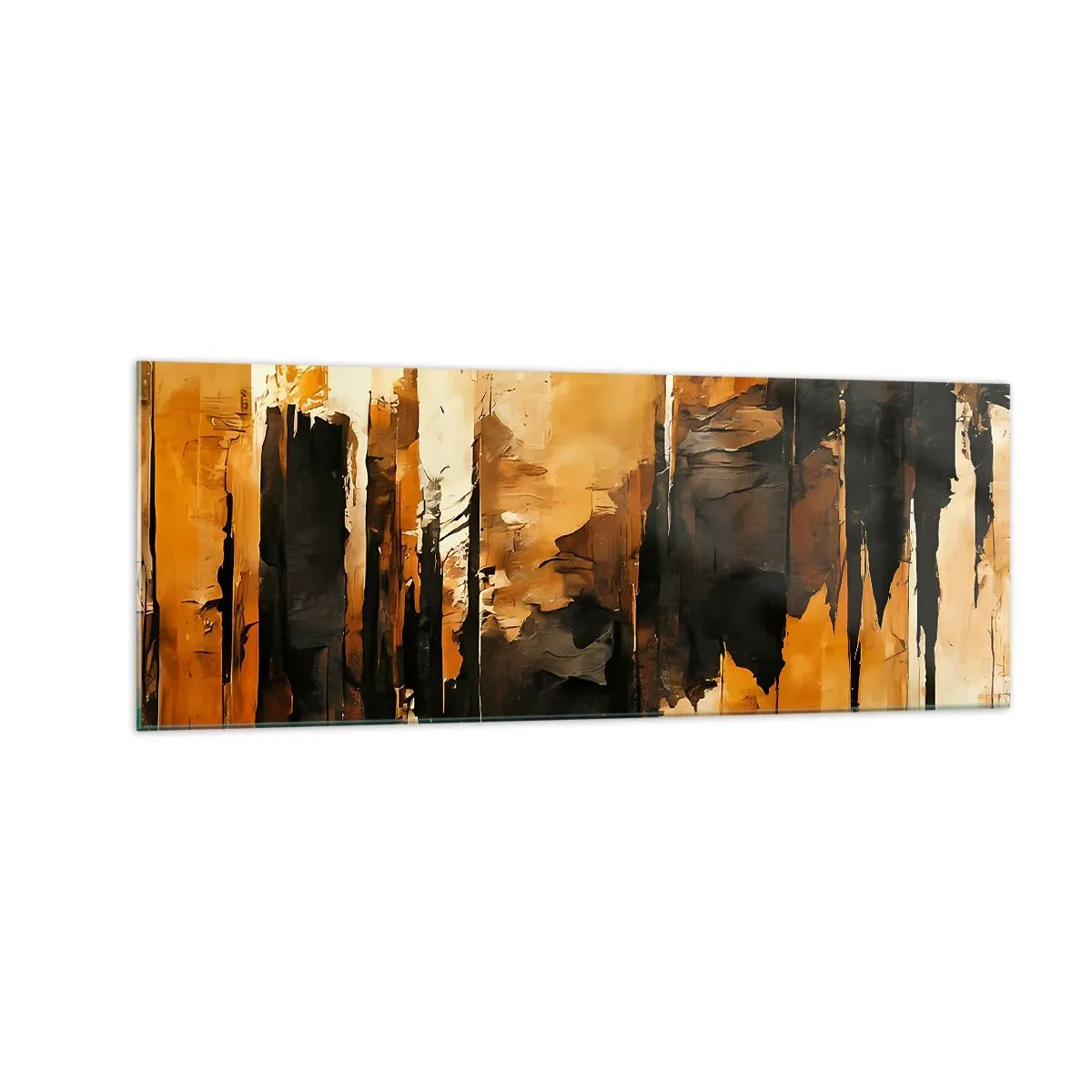 Glasbild - Bild auf glas - Abstrakte goldene und schwarze Streifen in einer künstlerischen Komposition - 140x50cm - Harmonie von Schwarz und Gold - Moderne Wanddekoration für Wohnzimmer und Schlafzimmer ARTTOR