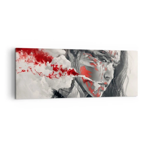 Bild auf Leinwand - Leinwandbild - Künstlerisches Frauenportrait mit abstrakten roten Akzenten - 140x50cm - Im Dunst der Absurdität - Moderne Wanddekoration für Wohnzimmer und Schlafzimmer ARTTOR