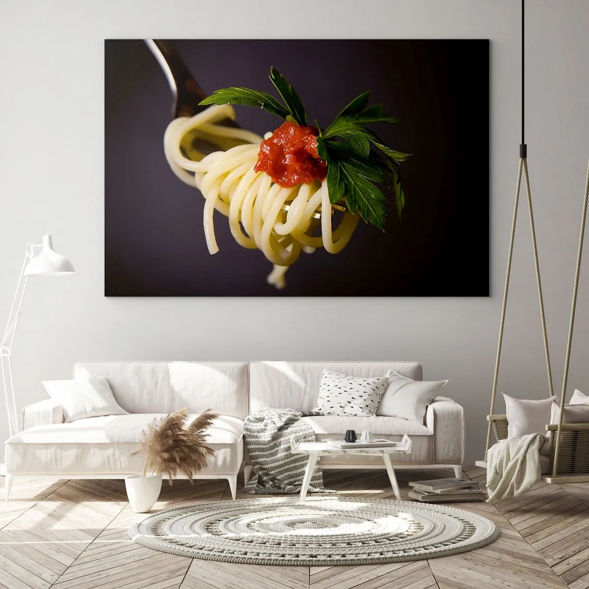 Glasbild - Bild auf glas - Spaghetti auf einer Gabel mit Tomatensauce - 70x50cm - Ein leckerer Bissen - Moderne Wanddekoration für Wohnzimmer und Schlafzimmer ARTTOR