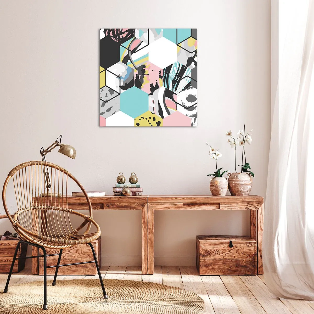 Bild auf Leinwand - Leinwandbild - Sechsecke und Würfel in sechs Farben - 60x60 cm