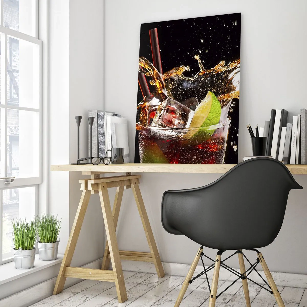 Glasbild - Bild auf glas - Ein Glas Getränk, Limette und Eis im Moment des dynamischen Spritzens - 80x120cm - Freude und Energie der Farben - Moderne Wanddekoration für Wohnzimmer und Schlafzimmer ARTTOR