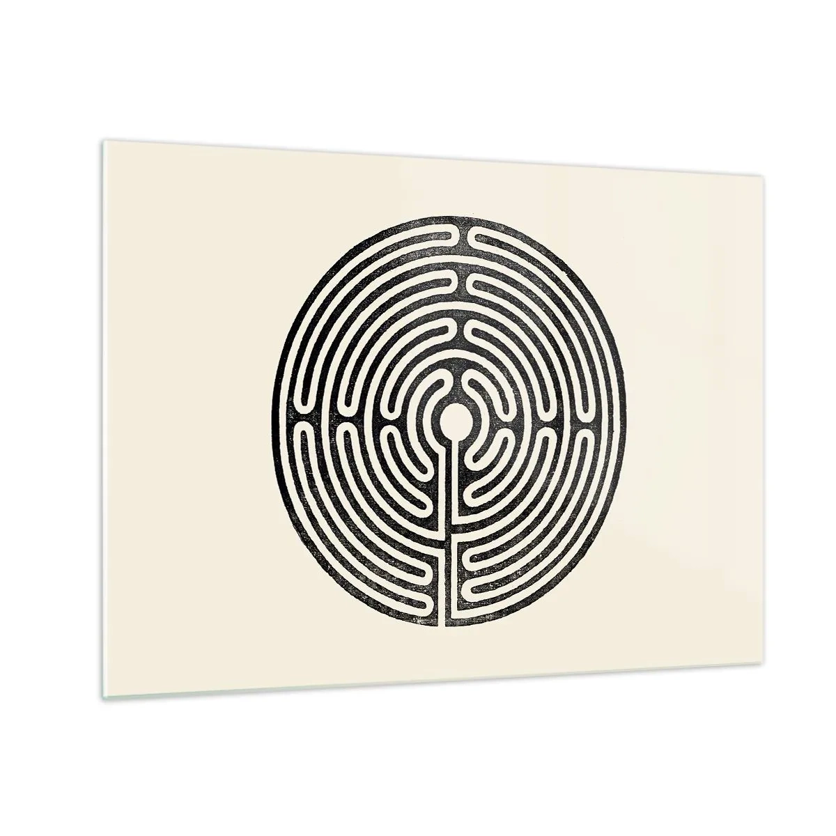 Glasbild - Bild auf glas - Ein schwarz-weißes Labyrinth in kreisförmiger Form auf hellem Hintergrund. - 70x50cm - Geheimnisvolle Ordnung - Moderne Wanddekoration für Wohnzimmer und Schlafzimmer ARTTOR