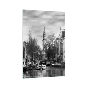 Glasbild - Bild auf glas - Schwarz-Weiß-Panorama von Amsterdam mit Kanal und historischen Gebäuden - 70x100cm - Amsterdamer Atmosphäre - Moderne Wanddekoration für Wohnzimmer und Schlafzimmer ARTTOR