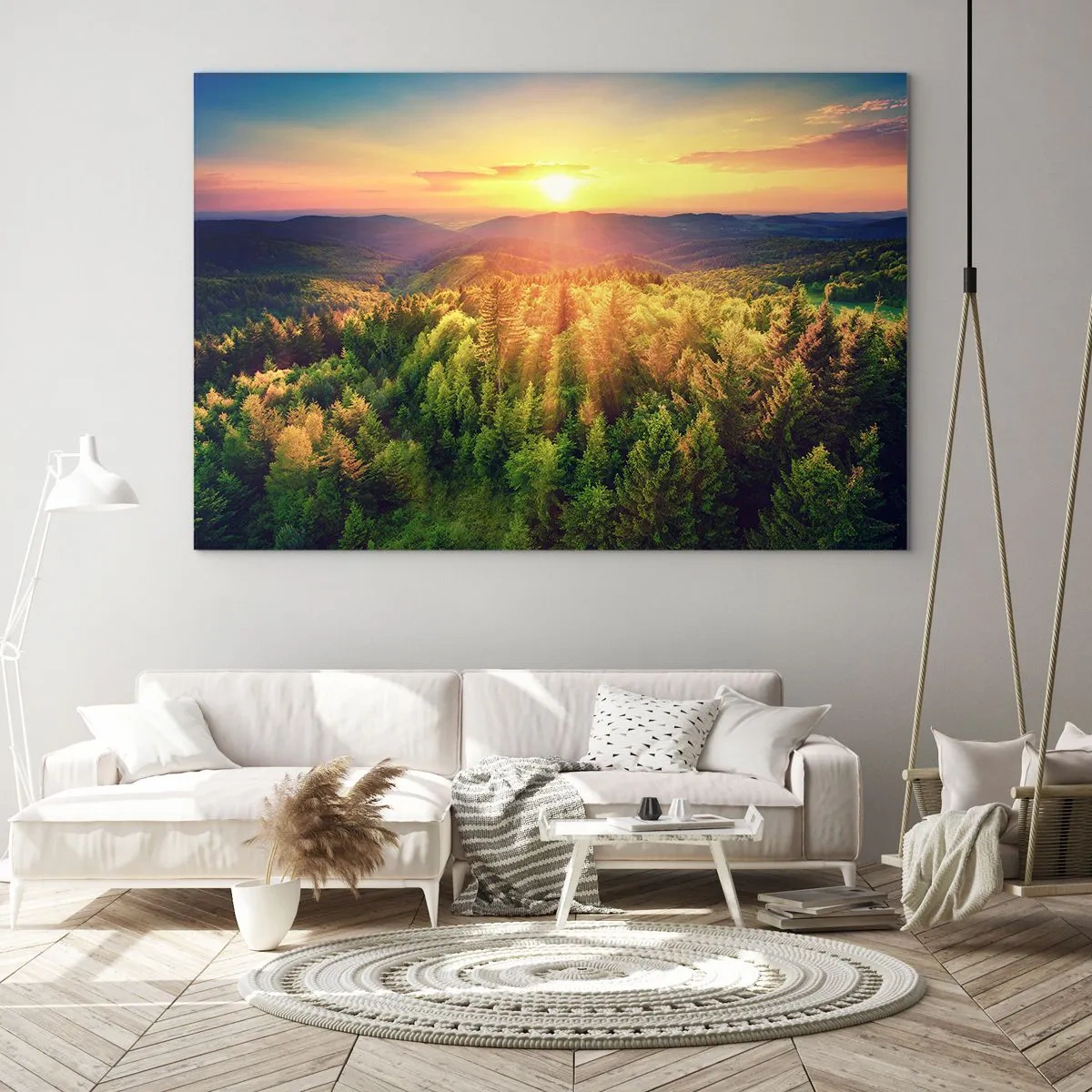 Glasbild - Bild auf glas - Sonnenuntergang über einem Bergwald mit Blick auf die Täler - 100x70cm - Scheitelpunkte und Spitzen - Moderne Wanddekoration für Wohnzimmer und Schlafzimmer ARTTOR