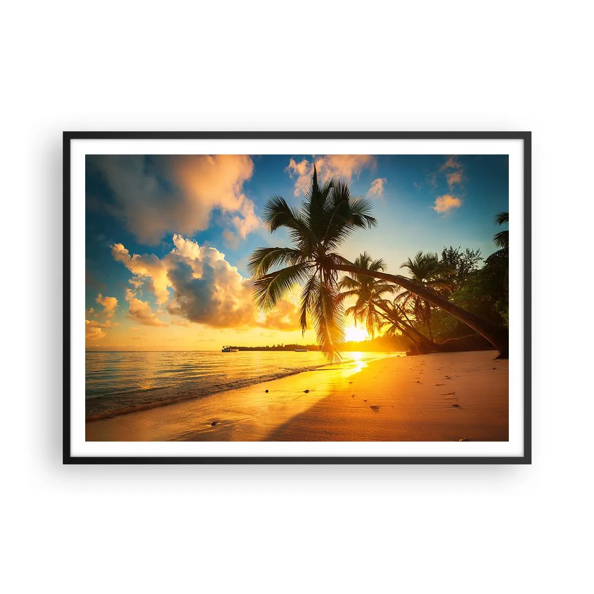 Poster in einem schwarzem Rahmen - Sonnenuntergang am Strand mit Palmen an der Küste - 100x70cm - Karibischer Traum - Moderne Wanddekoration für Wohnzimmer und Schlafzimmer ARTTOR