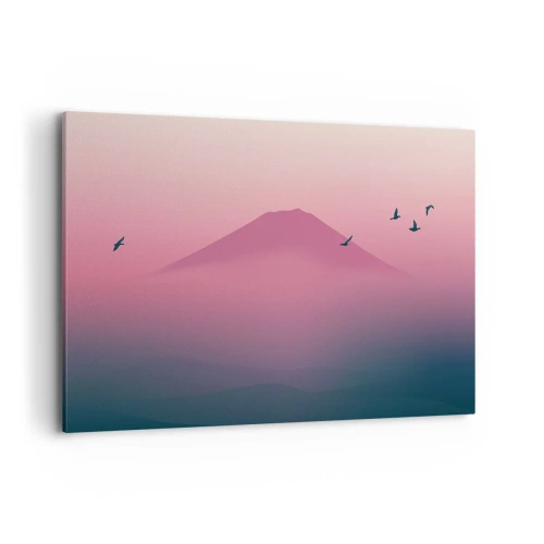 Bild auf Leinwand - Leinwandbild - Eine minimalistische Landschaft mit einem Berg und Vögeln bei Sonnenaufgang - 120x80cm - Wanderer über den Wolken - Moderne Wanddekoration für Wohnzimmer und Schlafzimmer ARTTOR