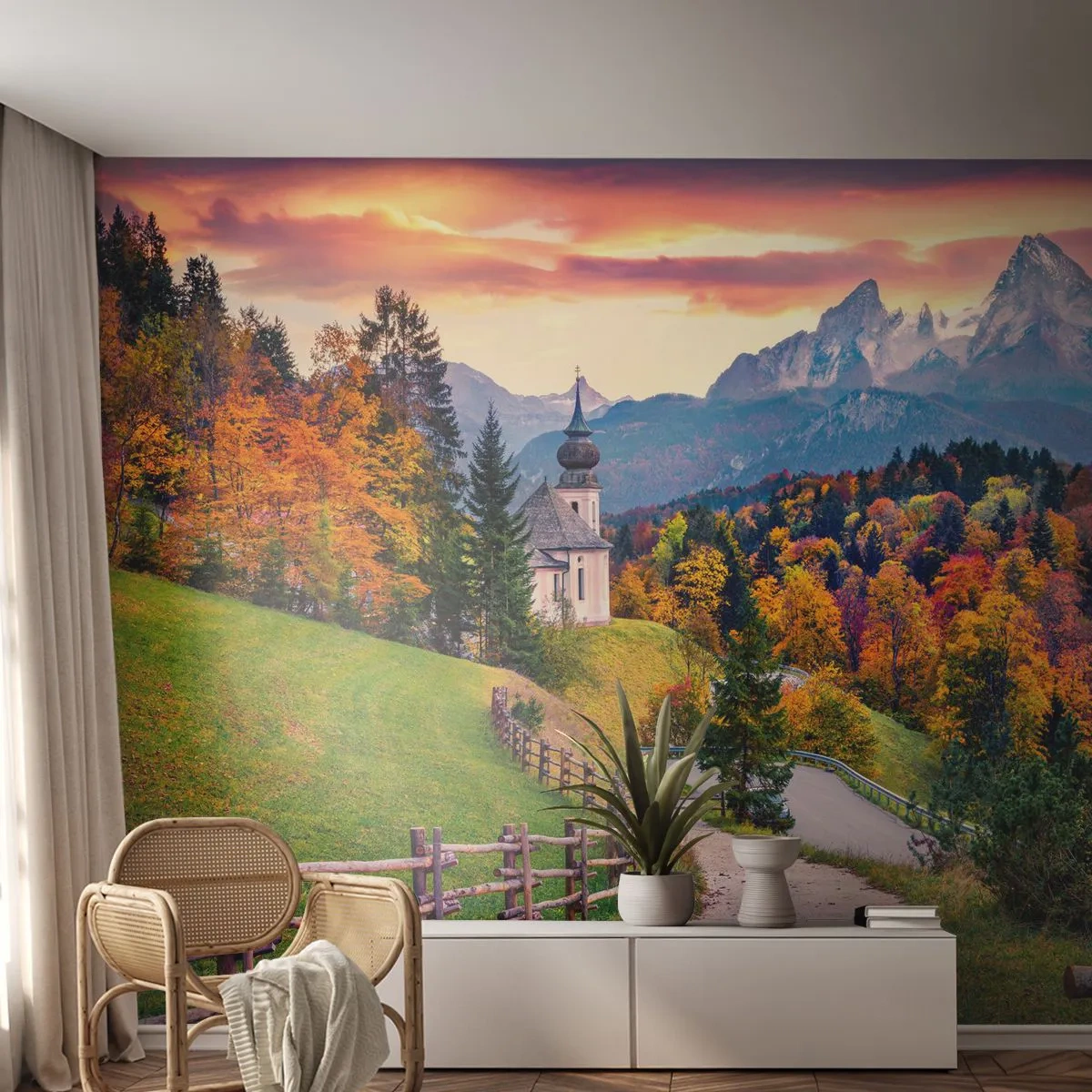 Fototapete Premium Sand - Herbstliche Berglandschaft mit Kirche und Weg - 100x70cm - Landschaftsartige Malerei - Moderne Wanddekoration für Wohnzimmer und Schlafzimmer ARTTOR